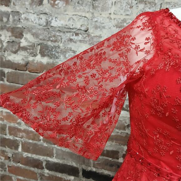 Womens Mother of the Bride Red Lace Evening Dress Medium Beaded Formal Gown - Picture 5 of 12